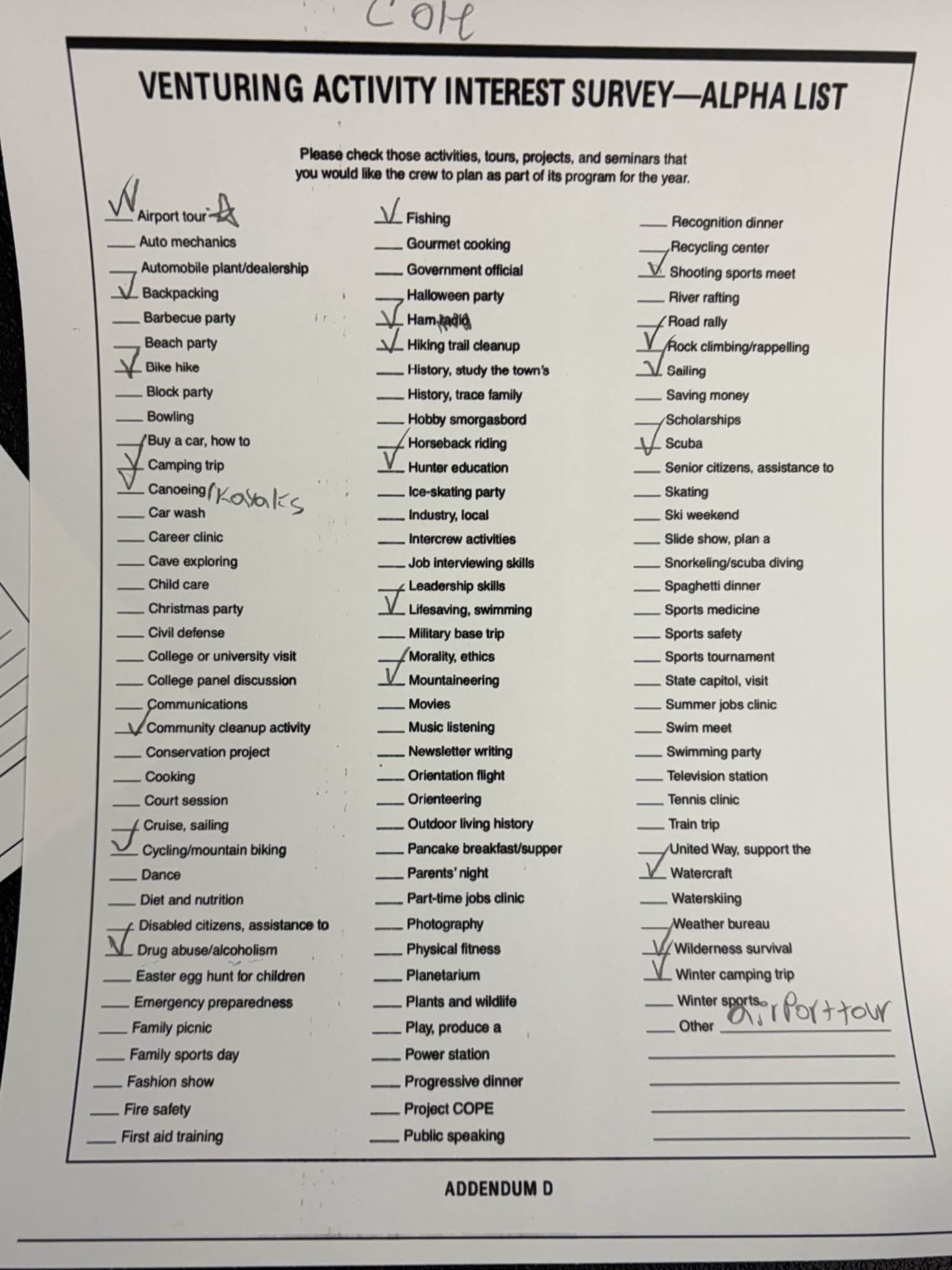 the sheets given out to everyone at the crew meeting